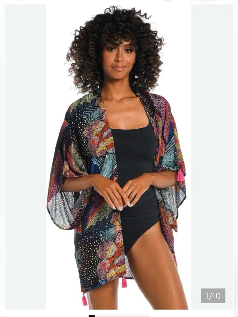 La Blanca Colorful Floral Boho Kimono with Tassels one size coverup